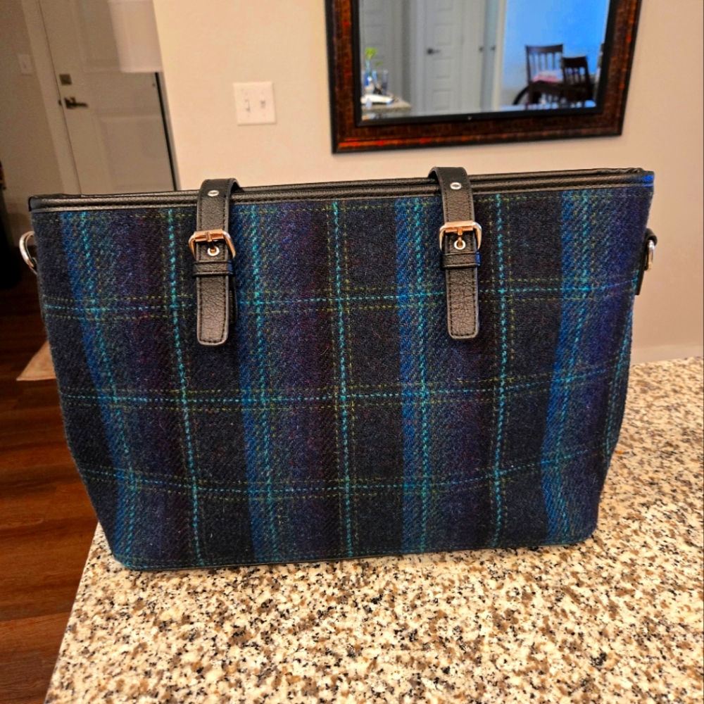 Blue and Black Plaid Bag with Leather Handles - Picture 3 of 6